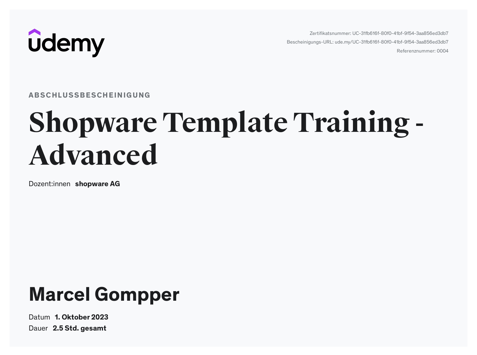 Zertifikat Shopware Template Training Advanced Gompper Webdesign