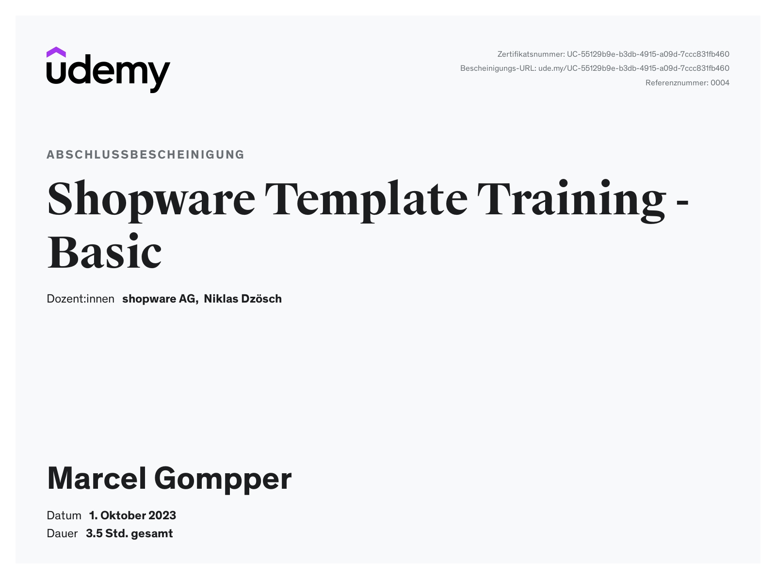 Zertifikat Shopware Template Training Basic Gompper Webdesign