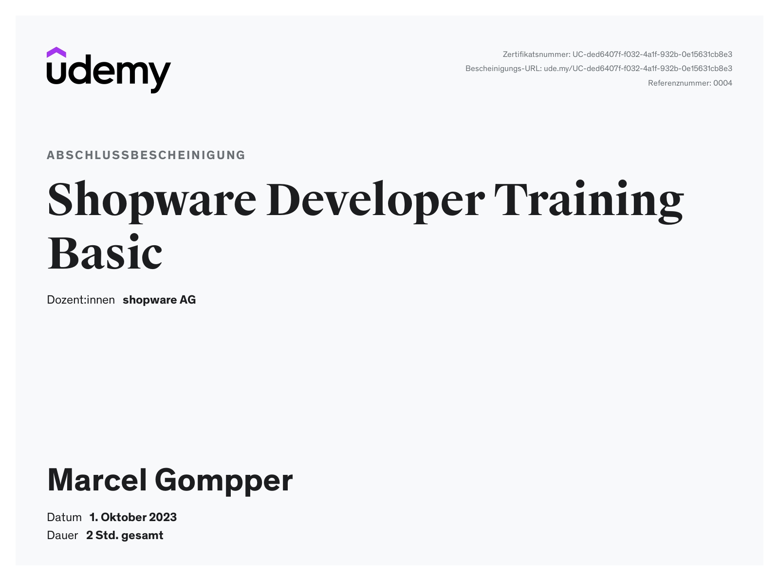 Zertifikat Shopware Developer Training Basic Gompper Webdesign